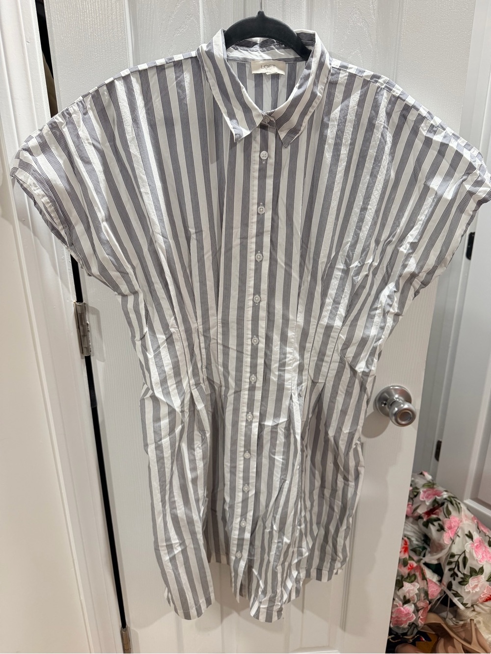 LOFT Gray and White Vertical Stripe Button-Down Tunic